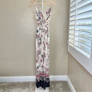Romantic Gypsy Floral Maxi Dress Size Large in Cream Flowy Boho (Flaw Noted)